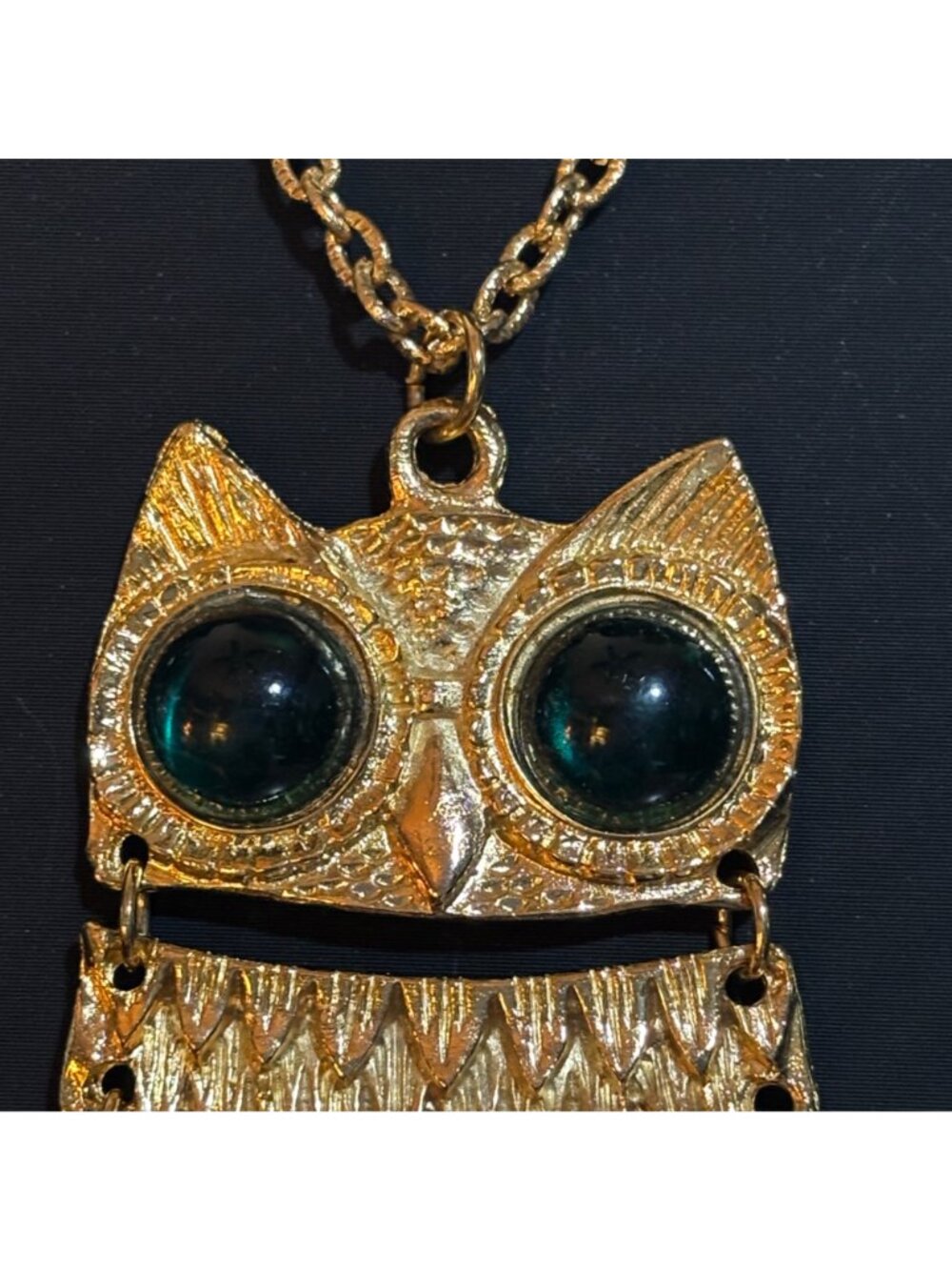 Gold Tone Green Eye Owl Pendant Necklace Long Chain Boho Hippie 1970s Statement - Picture 4 of 9